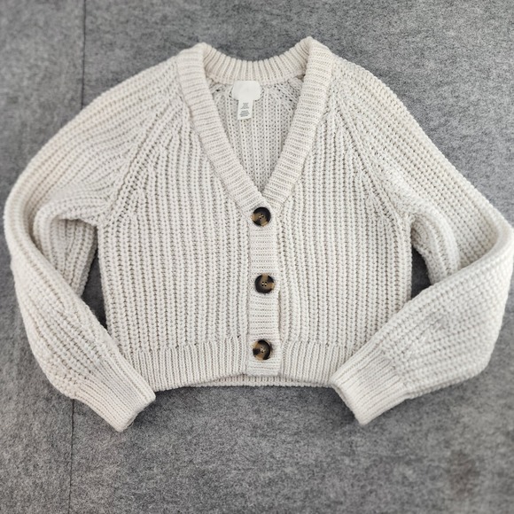 H&M Sweaters - HM XS White Chunky Knit Button Front Cropped Cardigan Sweater Coquette Womens